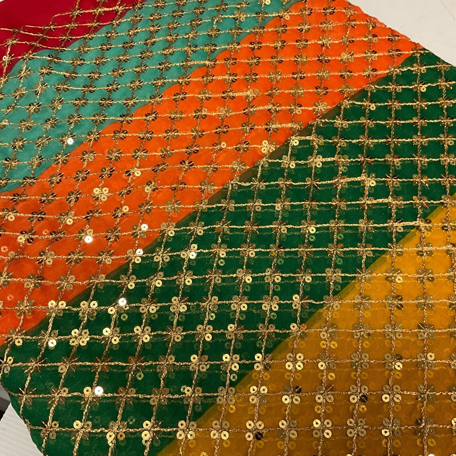Indian Multicoloured Gold Embroidered Chiffon Skirt Fabric 100cm M1697 Mtex