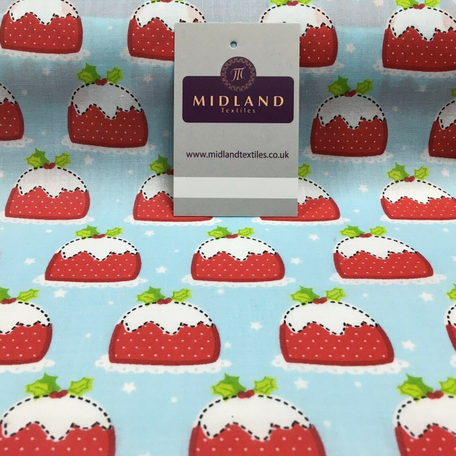 Blue christmas pudding xmas printed polycotton fabric 110 cm md1285 mtex