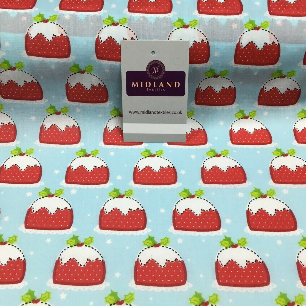 Blue christmas pudding xmas printed polycotton fabric 110 cm md1285 mtex