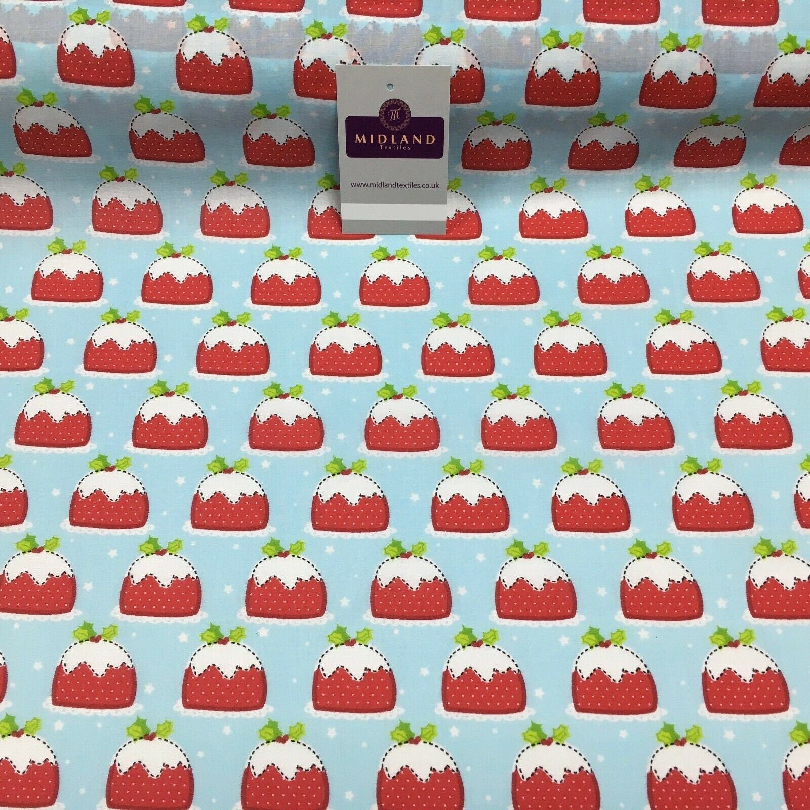 Blue christmas pudding xmas printed polycotton fabric 110 cm md1285 mtex