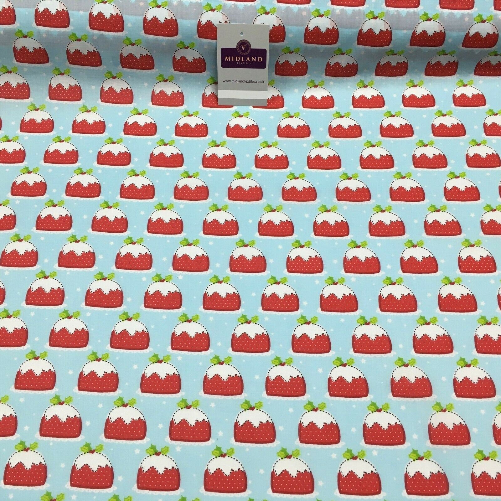 Blue christmas pudding xmas printed polycotton fabric 110 cm md1285 mtex