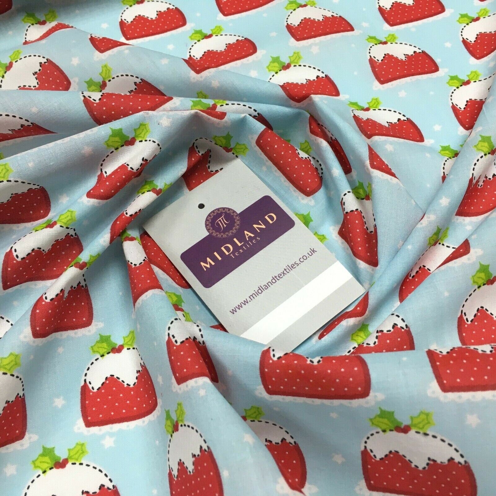 Blue christmas pudding xmas printed polycotton fabric 110 cm md1285 mtex