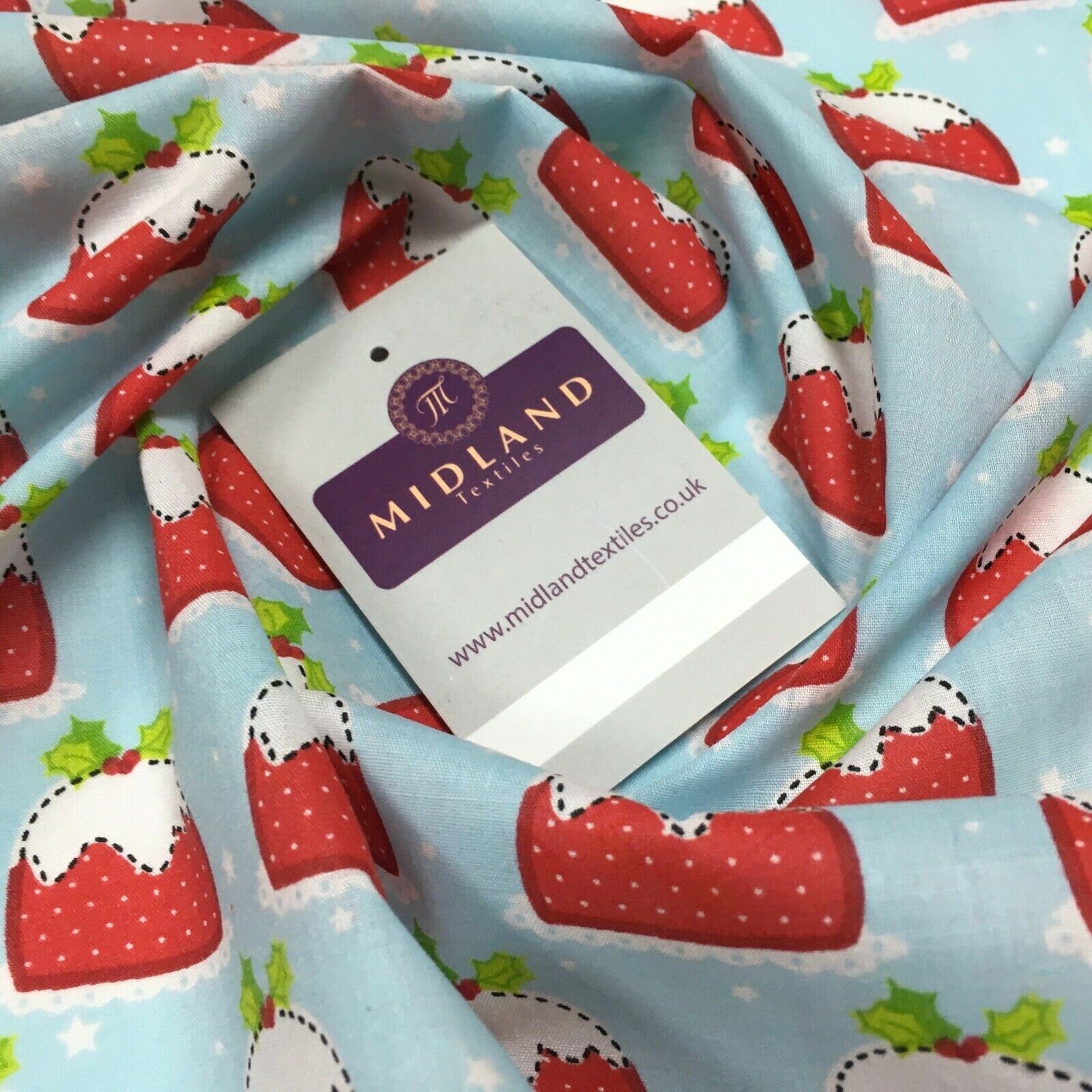 Blue christmas pudding xmas printed polycotton fabric 110 cm md1285 mtex