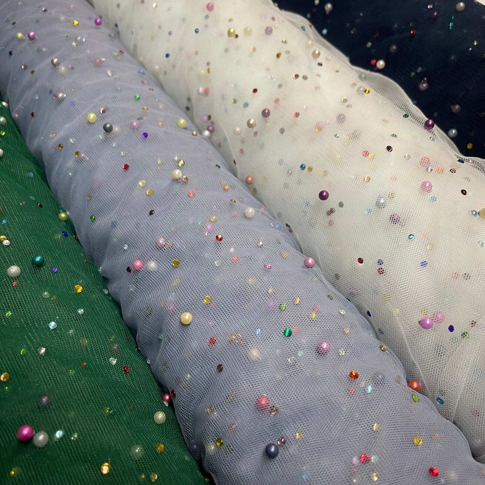 Beaded Pearl rhine stone Tulle Net Dress Wedding Décor Fabric M1825 Mtex