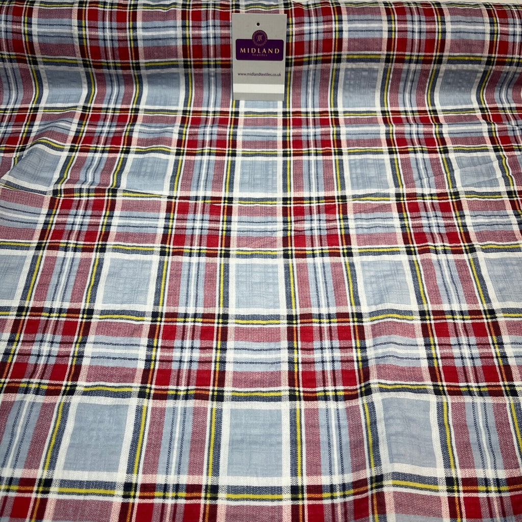 Sky Blue Red Crushed tartan check Cotton Dress fabric M1400-50 Mtex per Metre