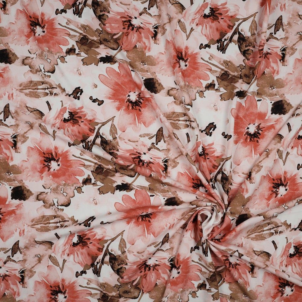 Gorgeous Coral Watercolour flower viscose Dress Fabric M1852