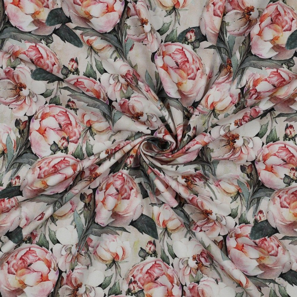 Luxurious Viscose Peach Green Stretch Poplin Floral Dress Fabric  M1848