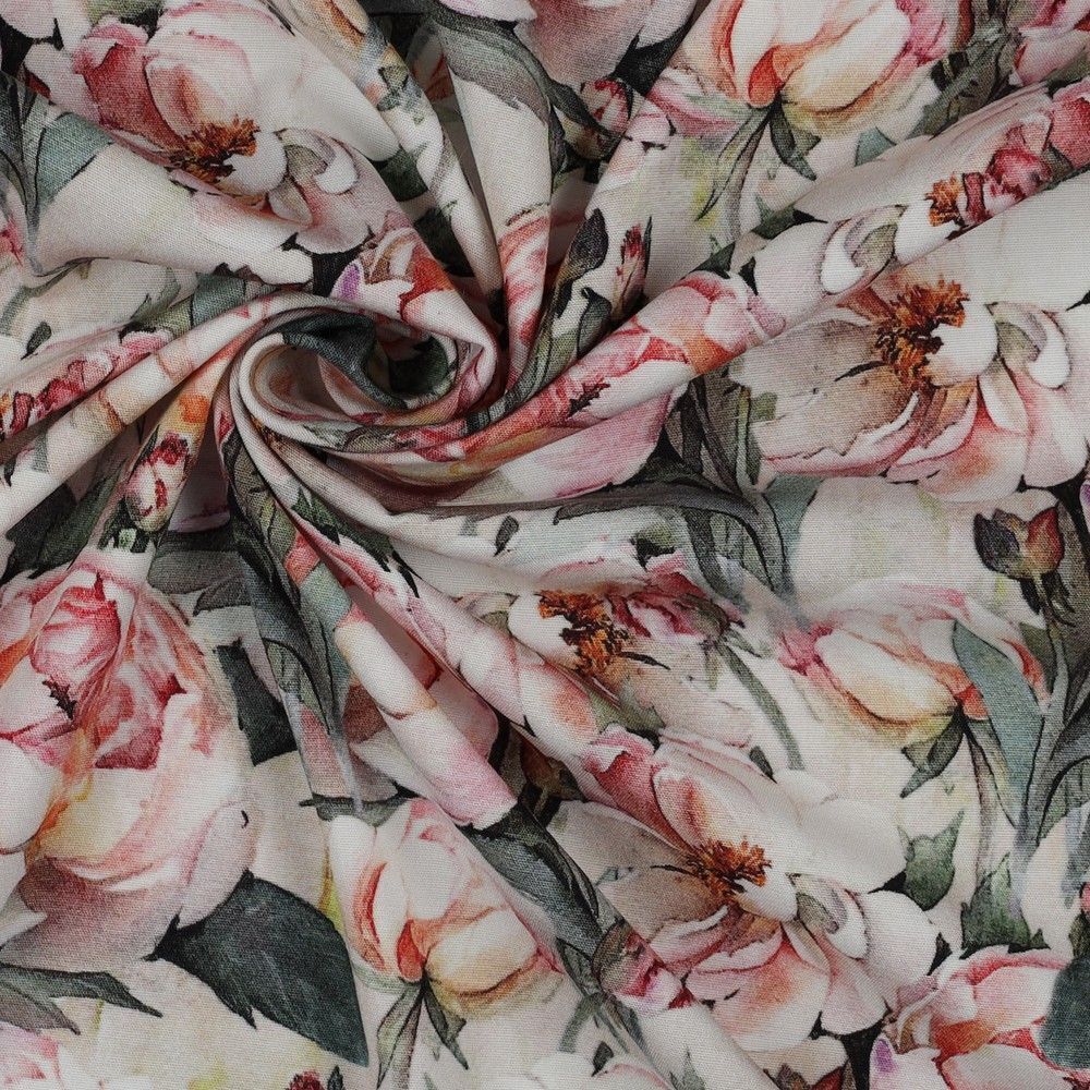 Luxurious Viscose Peach Green Stretch Poplin Floral Dress Fabric  M1848