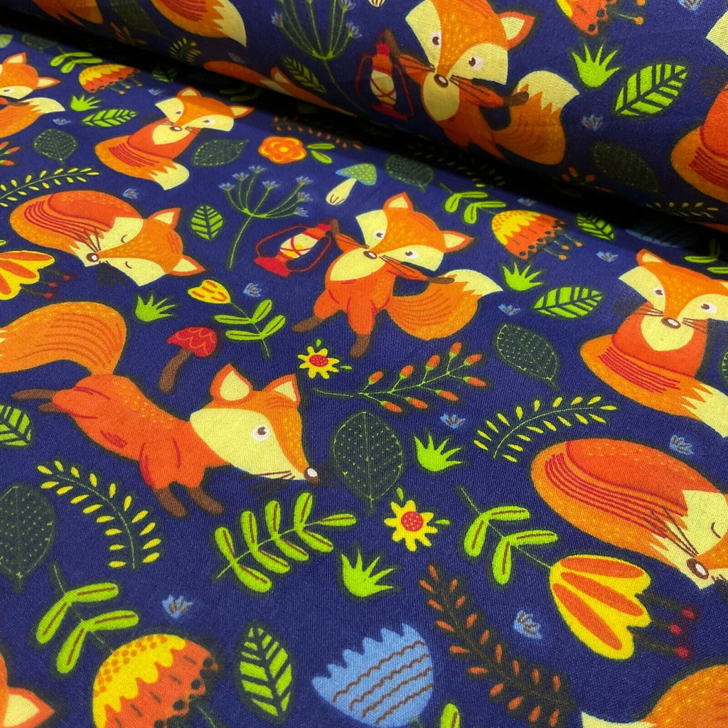 Navy Wildlife Foxes Poly cotton printed lightweight fabric M1622