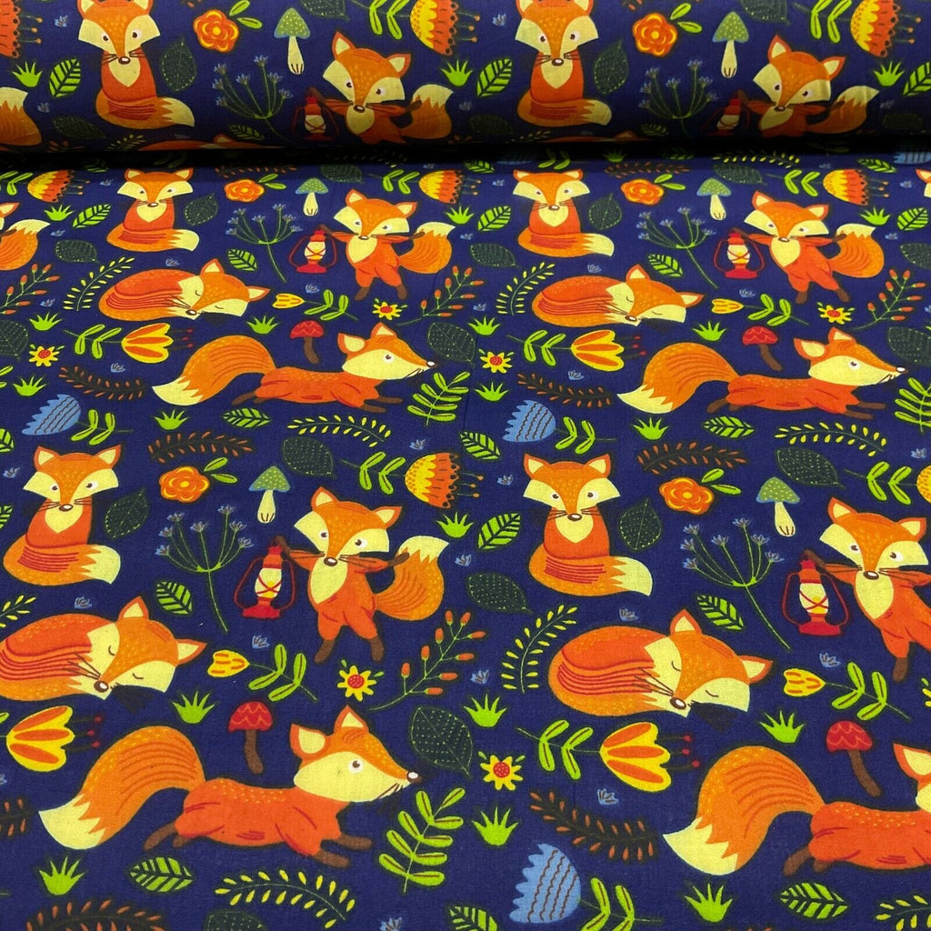 Navy Wildlife Foxes Poly cotton printed lightweight fabric M1622