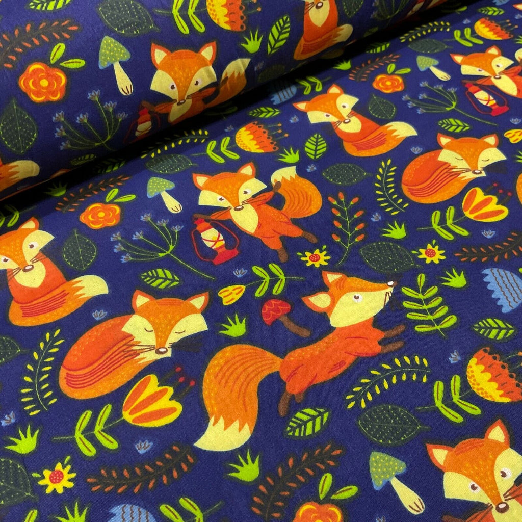 Navy Wildlife Foxes Poly cotton printed lightweight fabric M1622