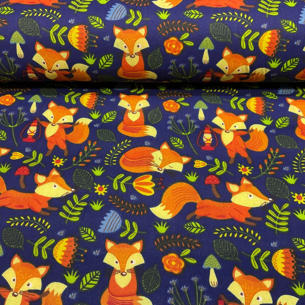 Navy Wildlife Foxes Poly cotton printed lightweight fabric M1622