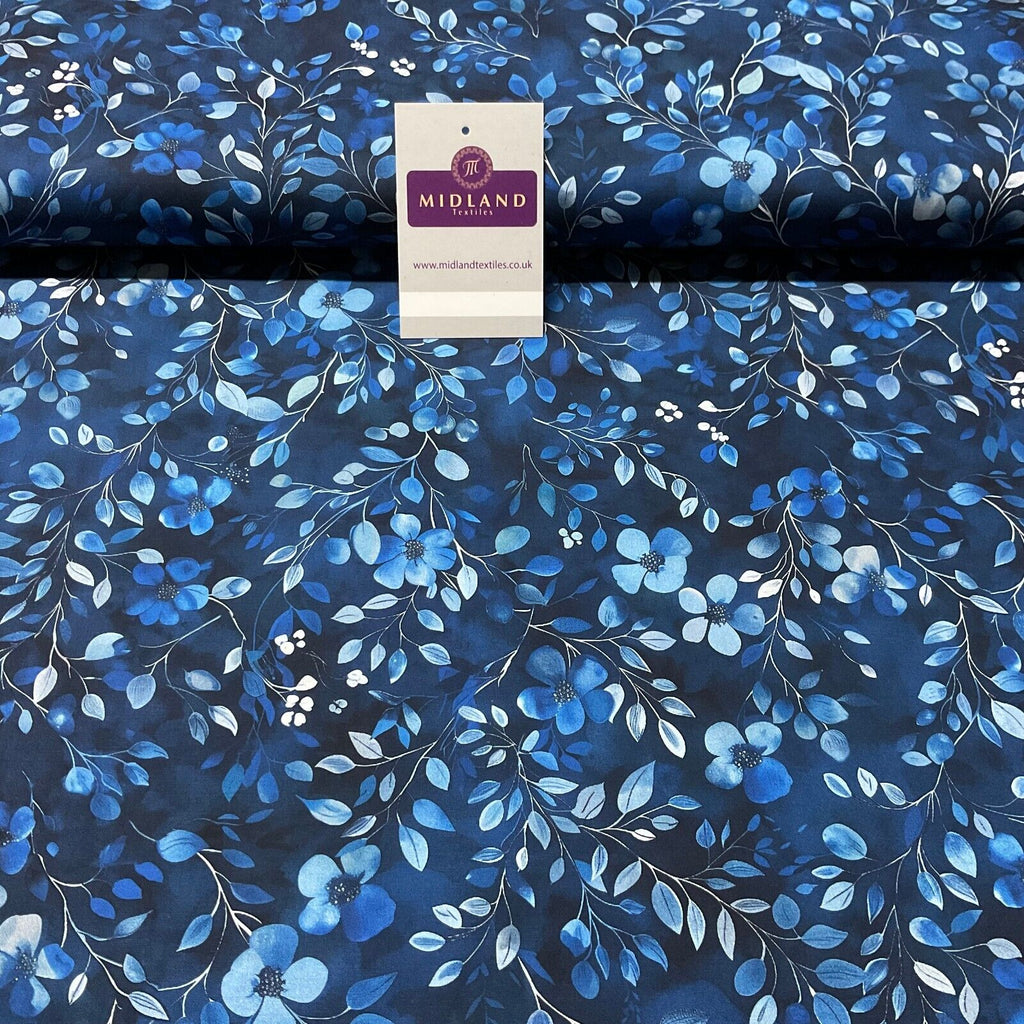 Summer Blue Floral Fine Poplin dress Fabric Sold per Metre M1880