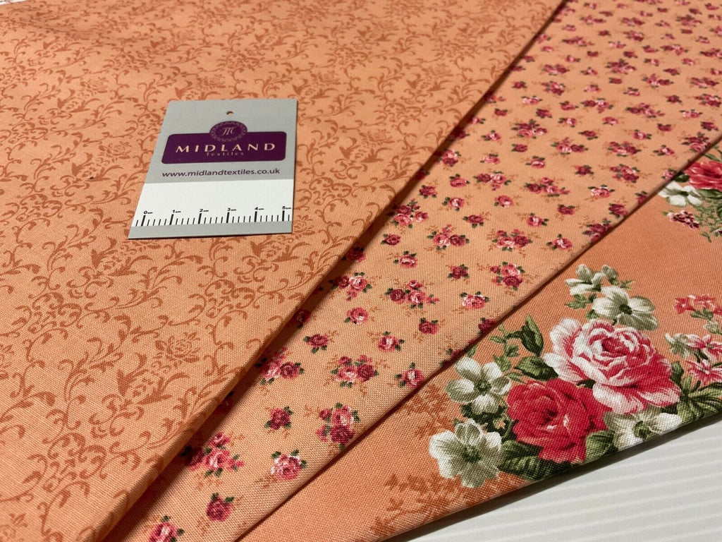 Peach Floral Small Roses Stof Crafting 100% Cotton Fabric Sold by Metre M1930