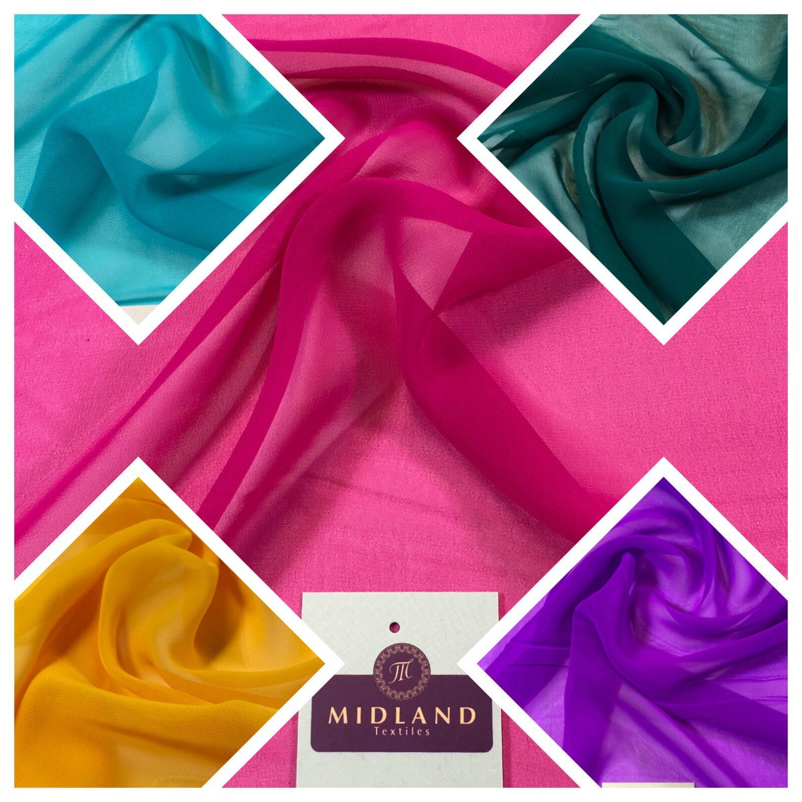 Collage of Hi-Multi Caress Chiffon Sheer Fabric in various colors including pink, blue, green, orange, and purple, showcasing the semi-transparent and lightweight nature of the material.