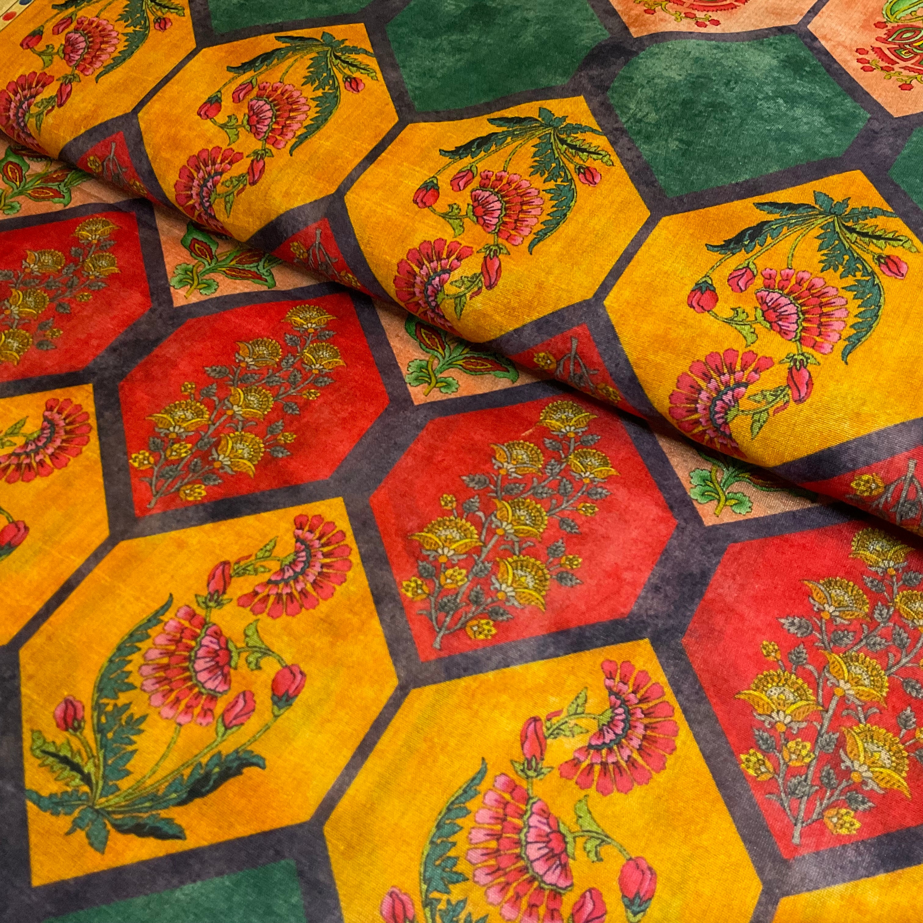 Floral motif tile hexagon faux mango silk Dress fabric M2046-7