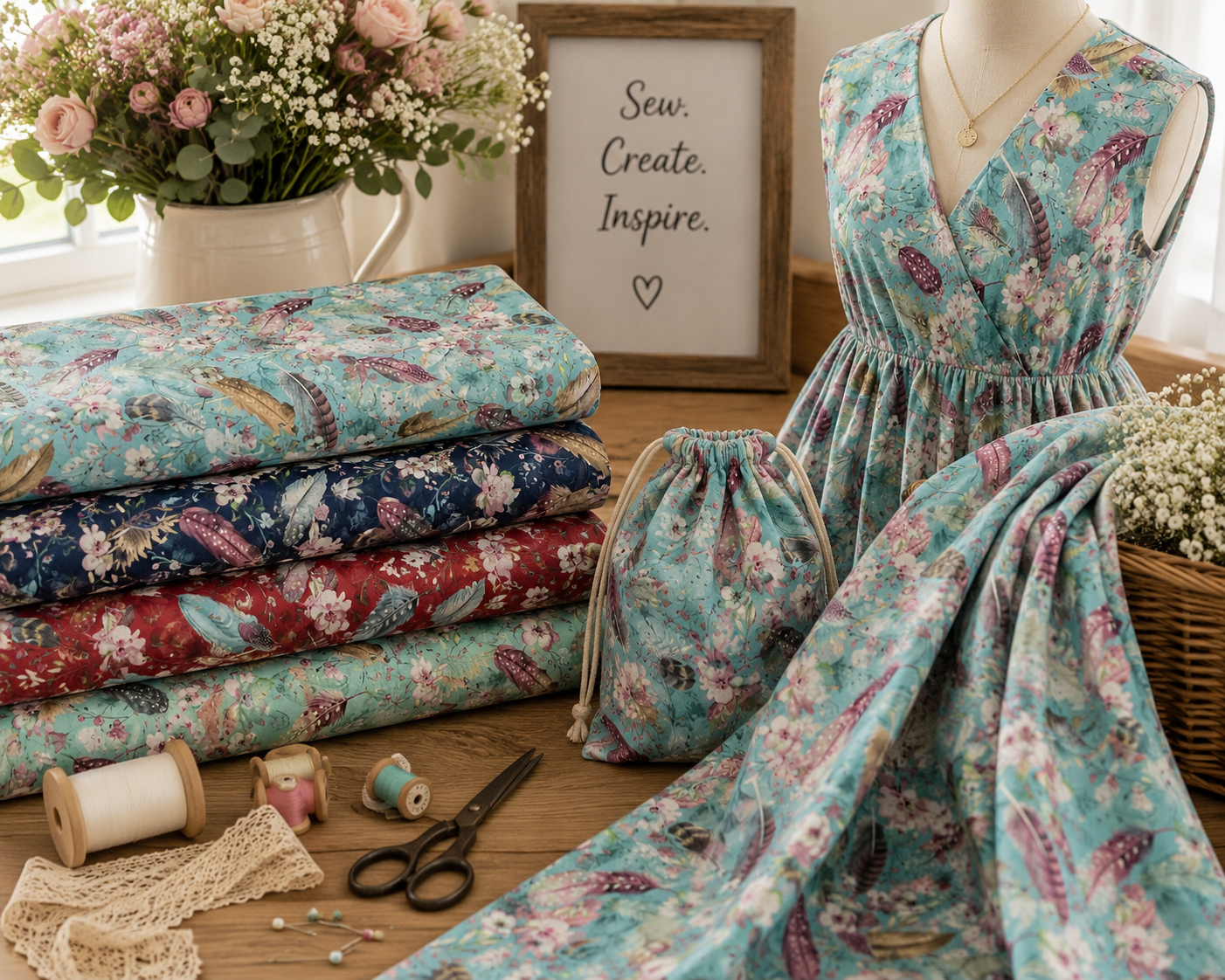 Feathers and Flowers Floral Cotton Print Fabric – 100% Cotton - 147cm Wide - M2131
