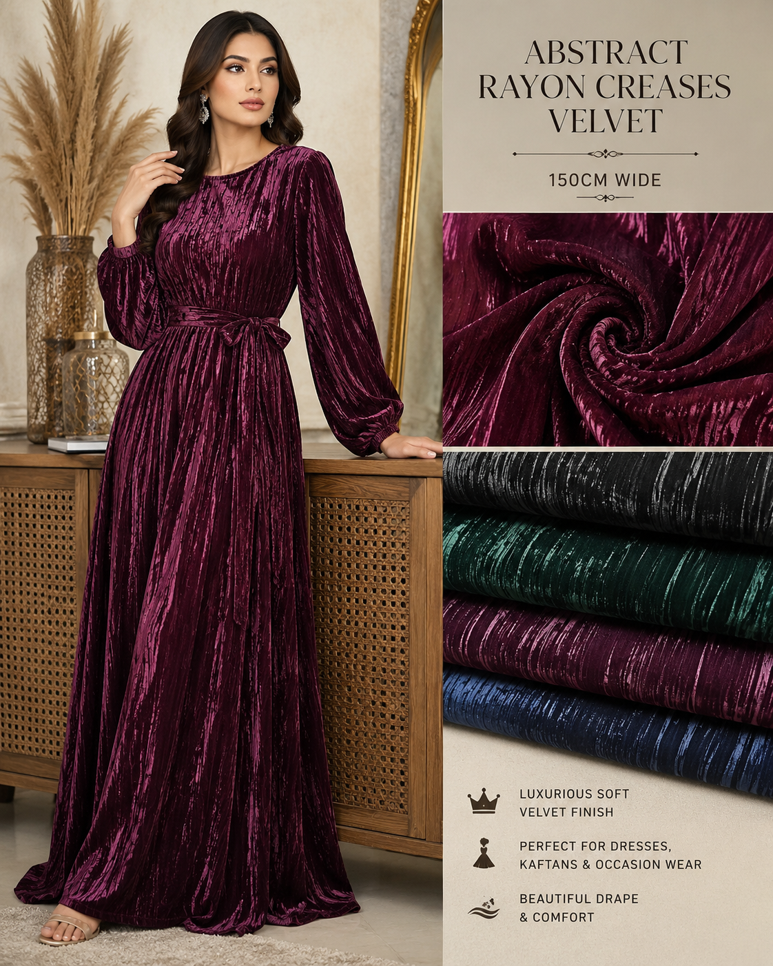 Abstract Rayon Creased Velvet Dress Fabric – 150cm Wide M2133