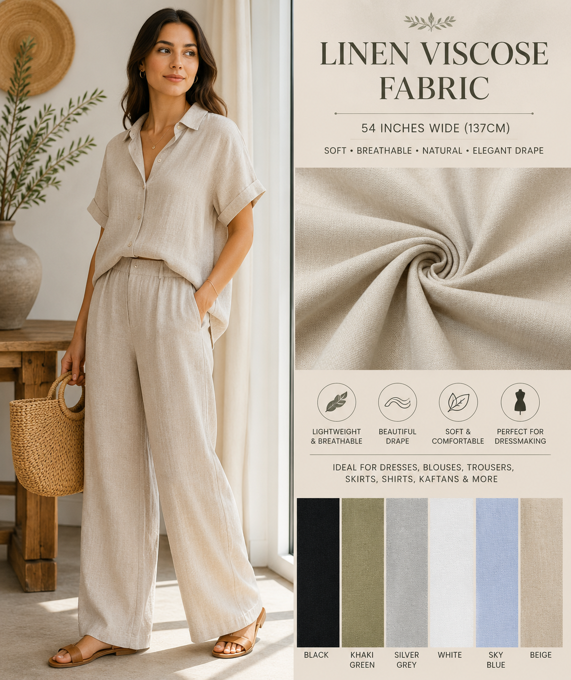 Plain Linen Viscose Dress Fabric 137cm Wide M2134