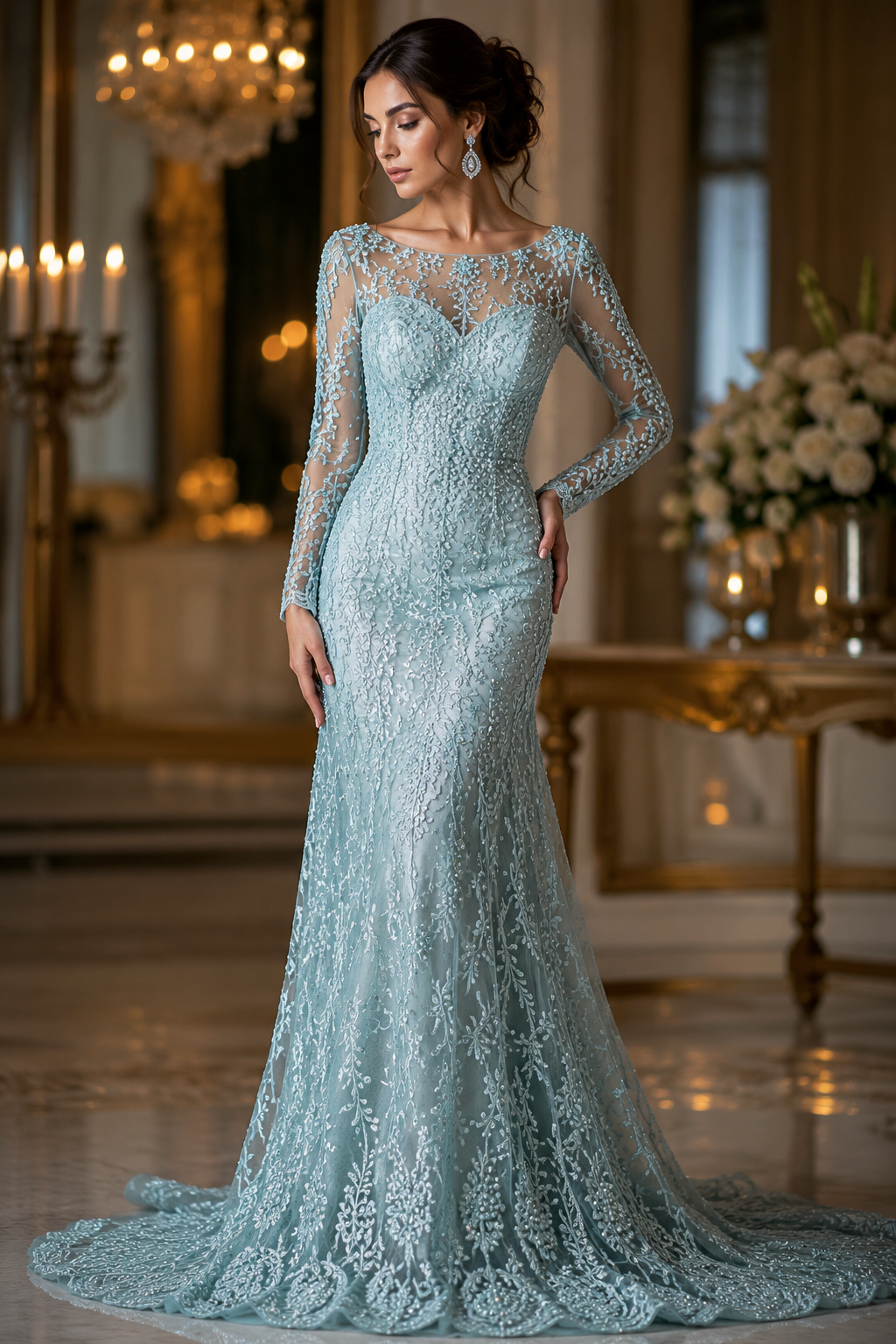 Aqua Beaded Embroidery Lace Fabric with Faux Pearls & Bugle Beads Double Scalloped Border Bridal, Occasion & Evening Wear 130cm Wide M2144