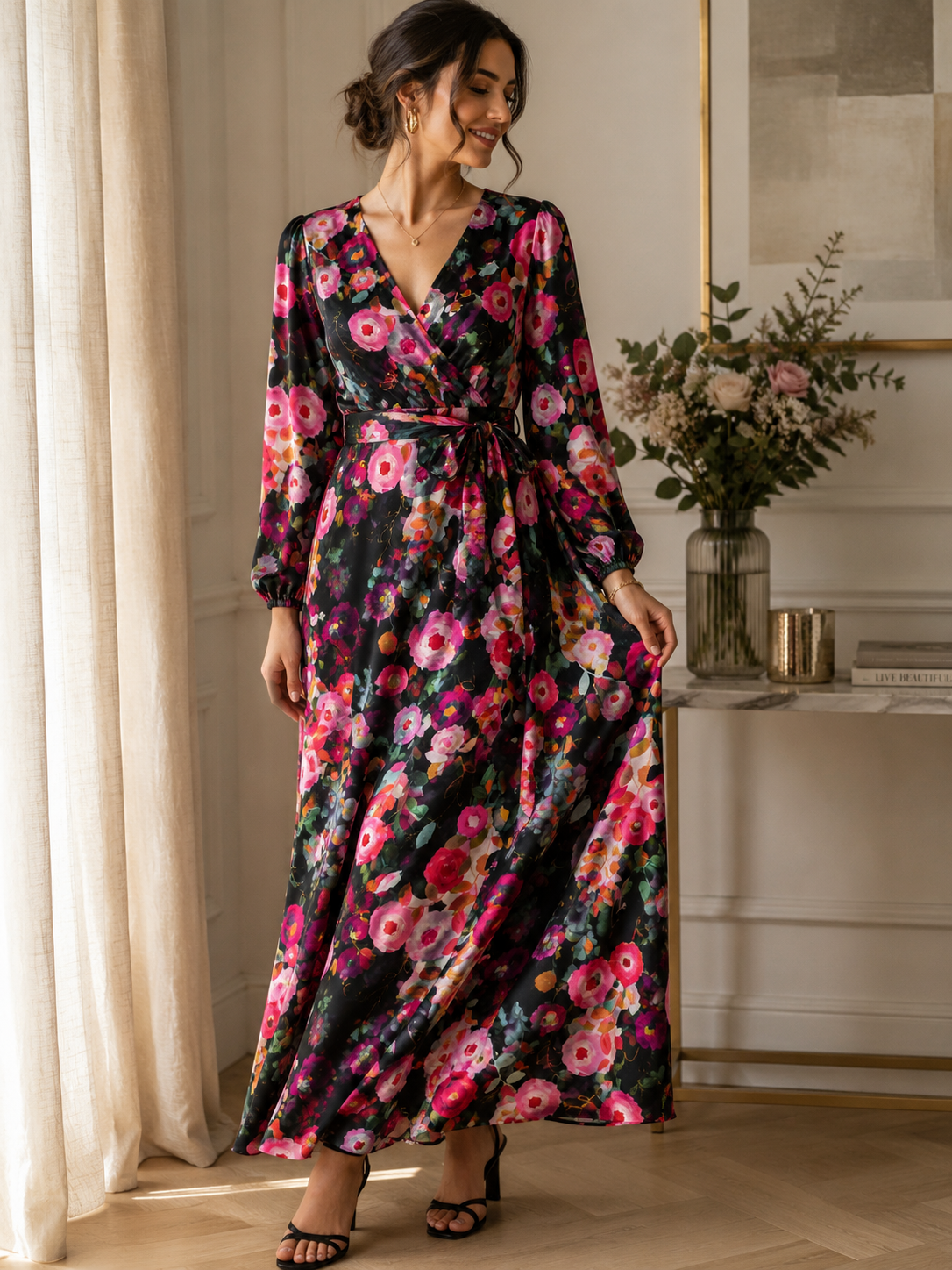 Black Floral silky satin dress fabric 147cm wide M2110 Mtex