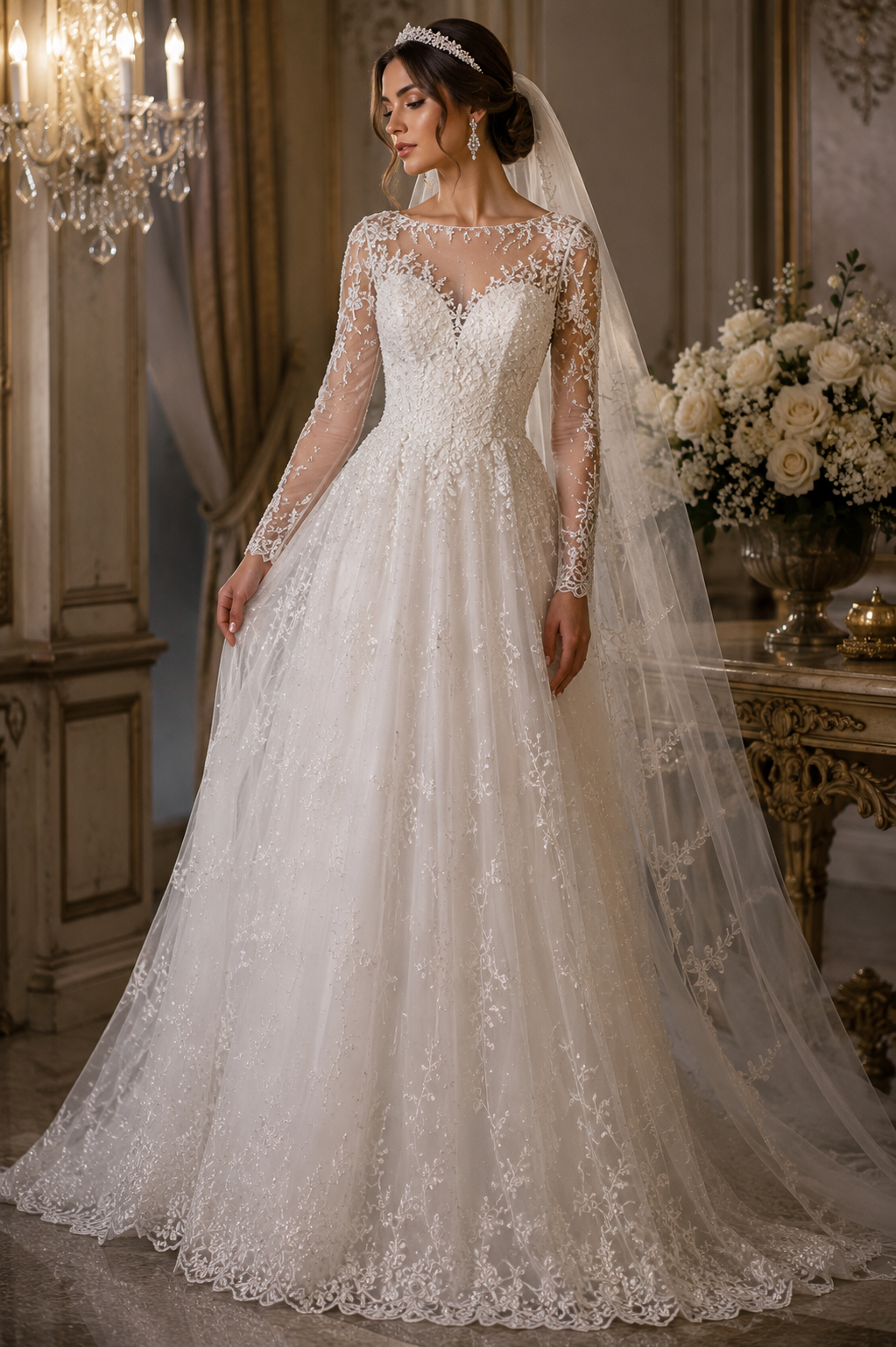White Bridal Beaded Scalloped Tulle Dress Net Fabric 140cm Wide M2143