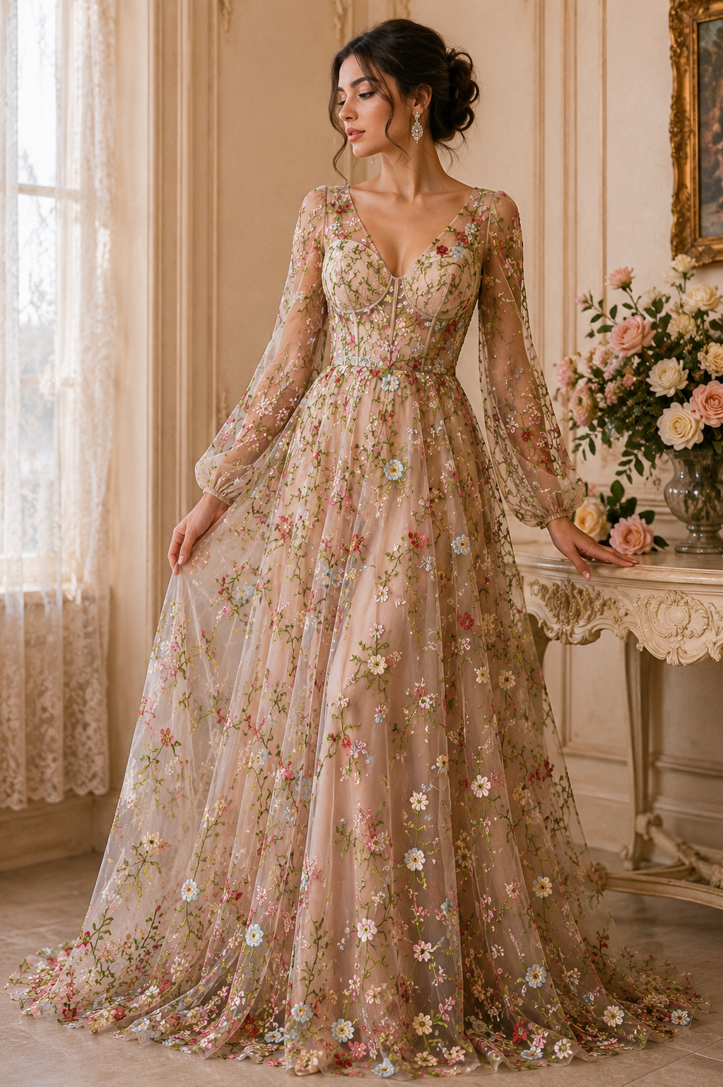 Nude Floral Embroidered Tulle Net Fabric 130cm Wide M2142