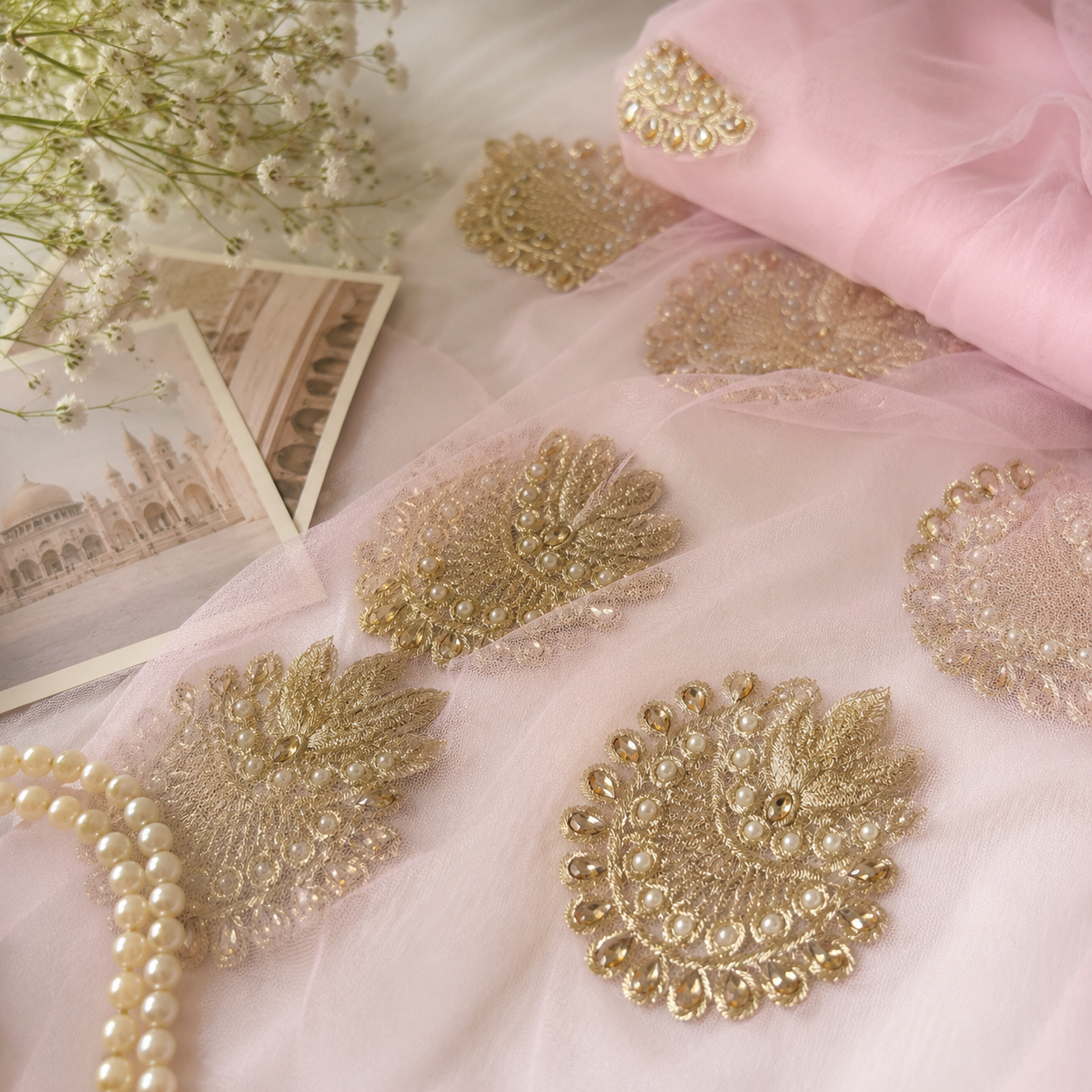 Pink Ornamental Embroidered Net Fabric with Gold Thread – 100cm Wide M2139