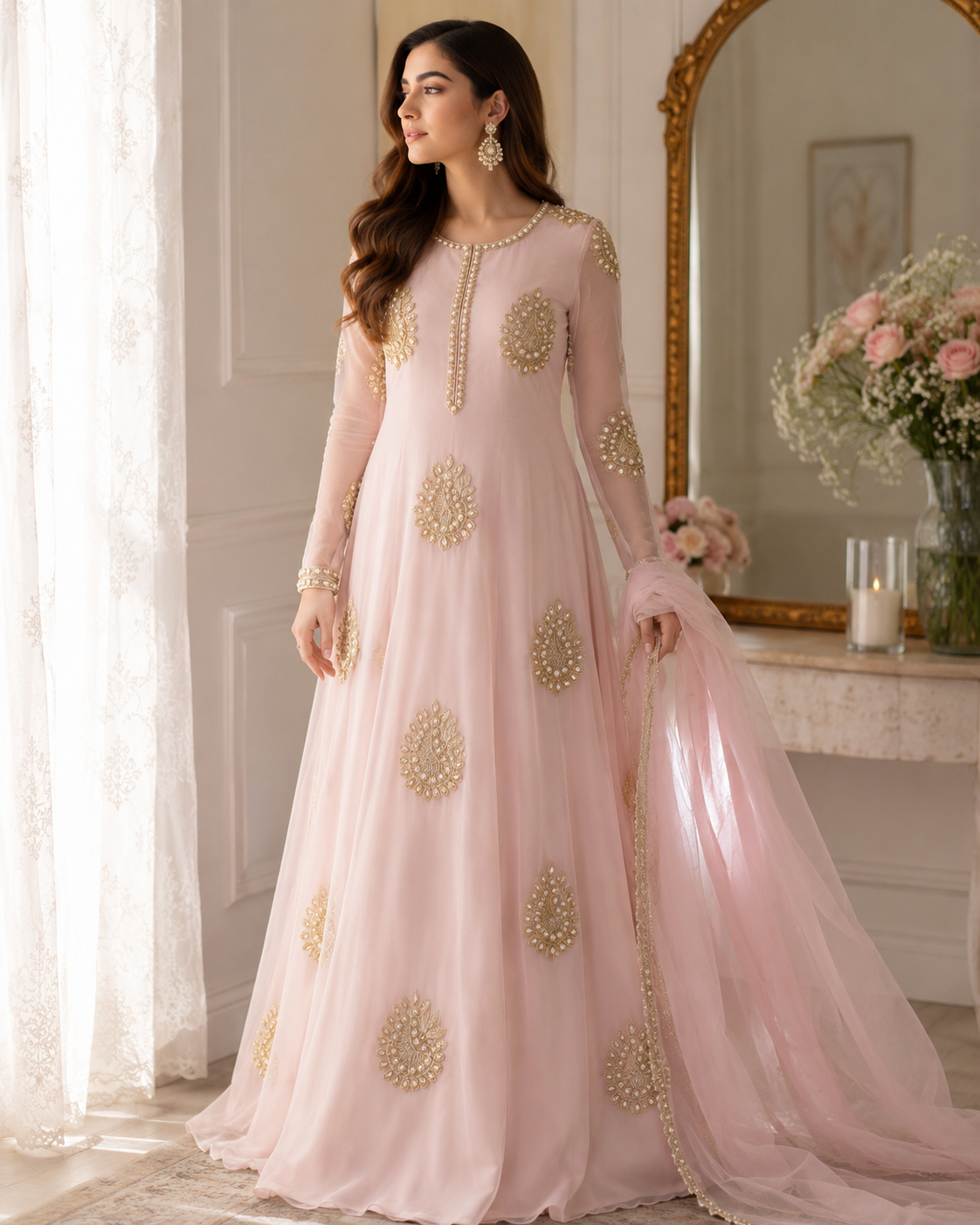 Pink Ornamental Embroidered Net Fabric with Gold Thread – 100cm Wide M2139