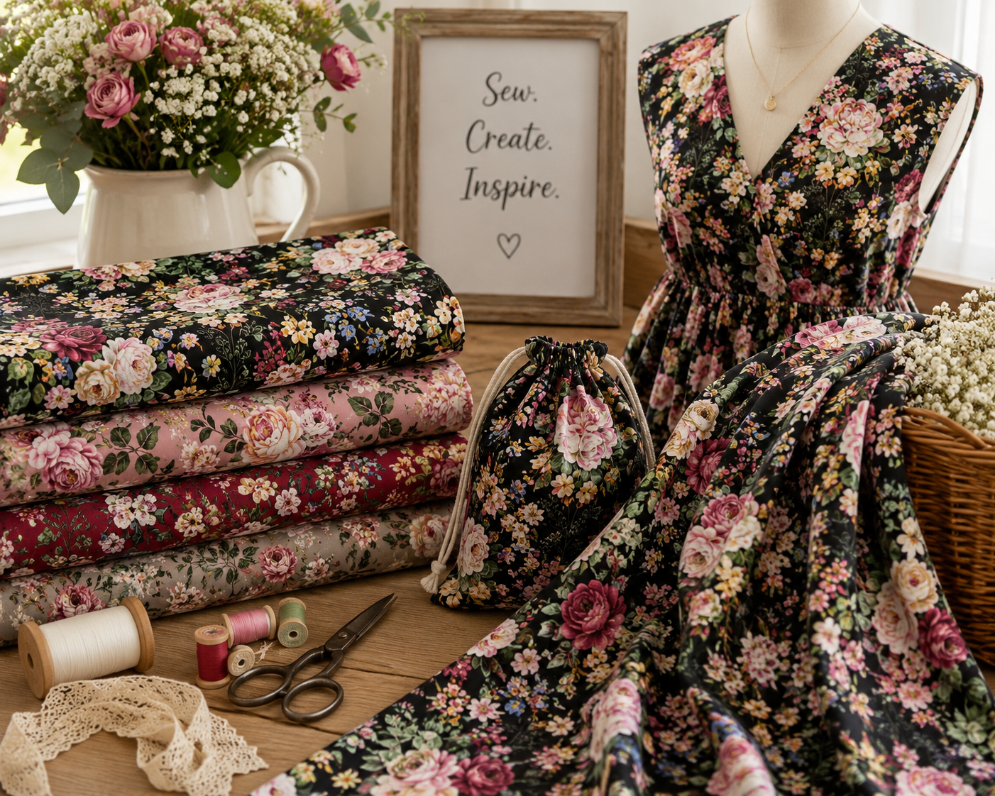 Spring roses floral Cotton Print Fabric – 100% Cotton - 147cm Wide - M2129