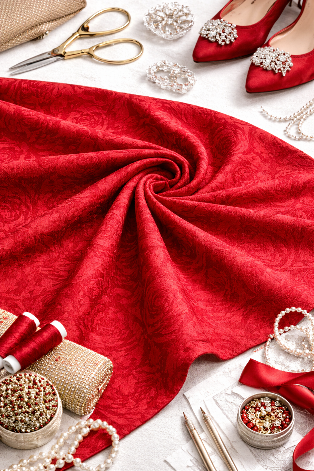 Red Floral Jacquard Dress Fabric – Textured Elegant Brocade Style M720-35