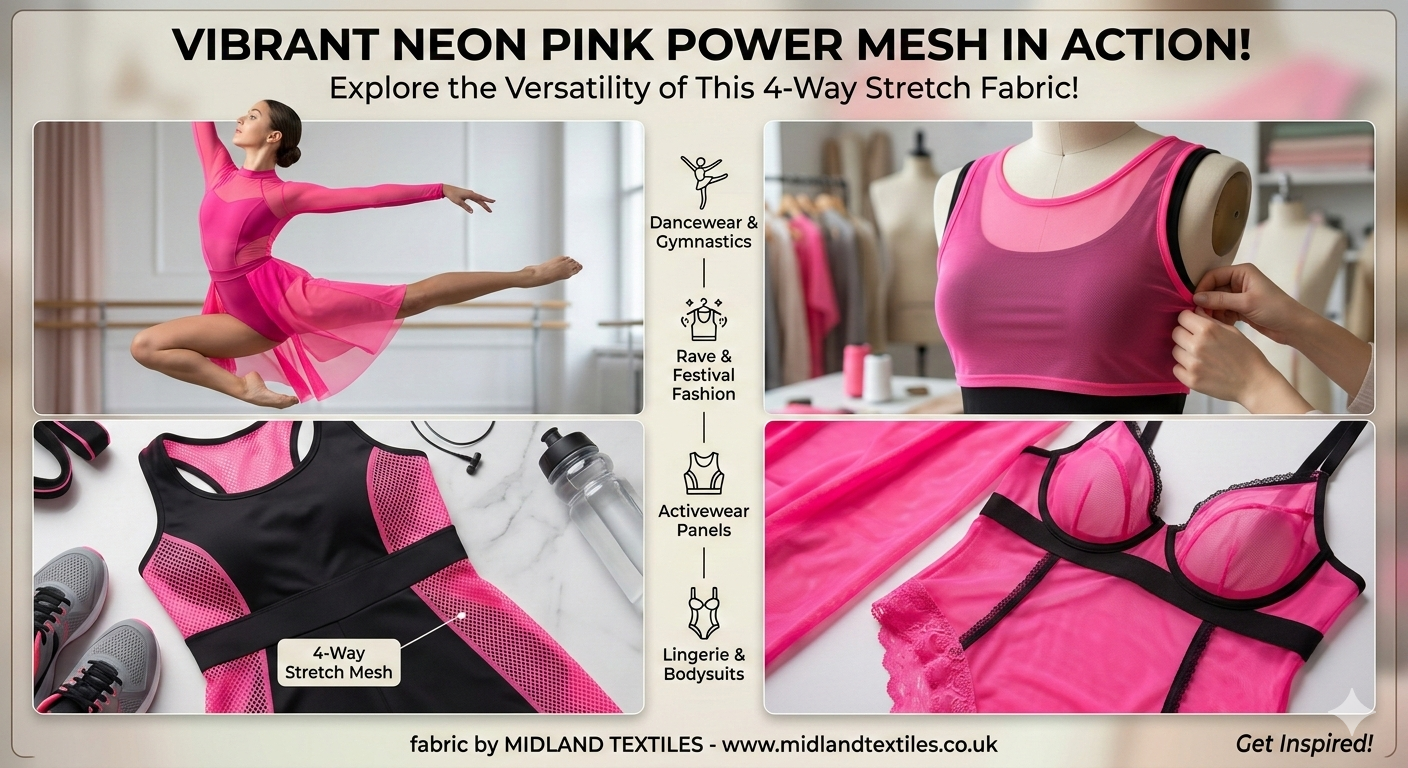 Neon Pink Power Mesh Fabric – 4 Way Stretch – 147cm Wide – £5.99 per metre