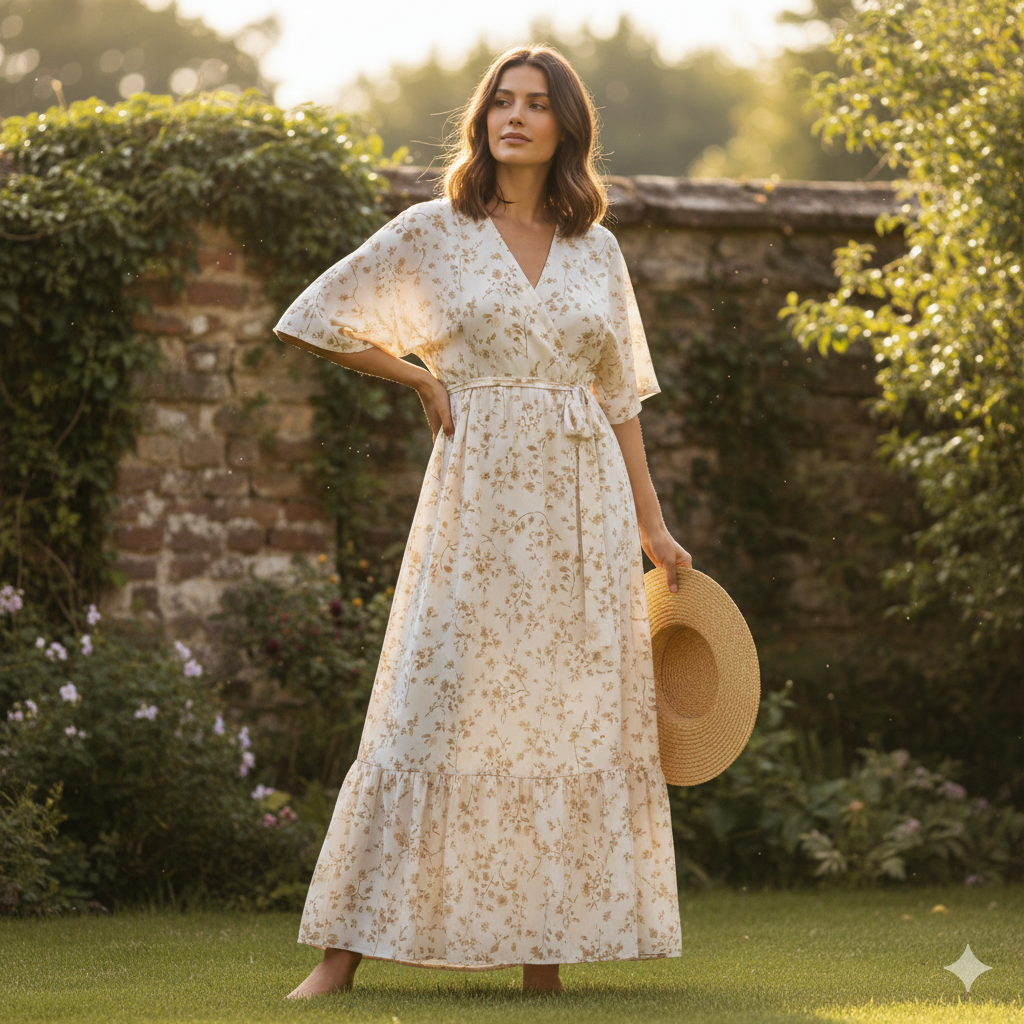 Beige Floral blossom crinkle Stretch Viscose – Soft Dressmaking fabric M2049-3