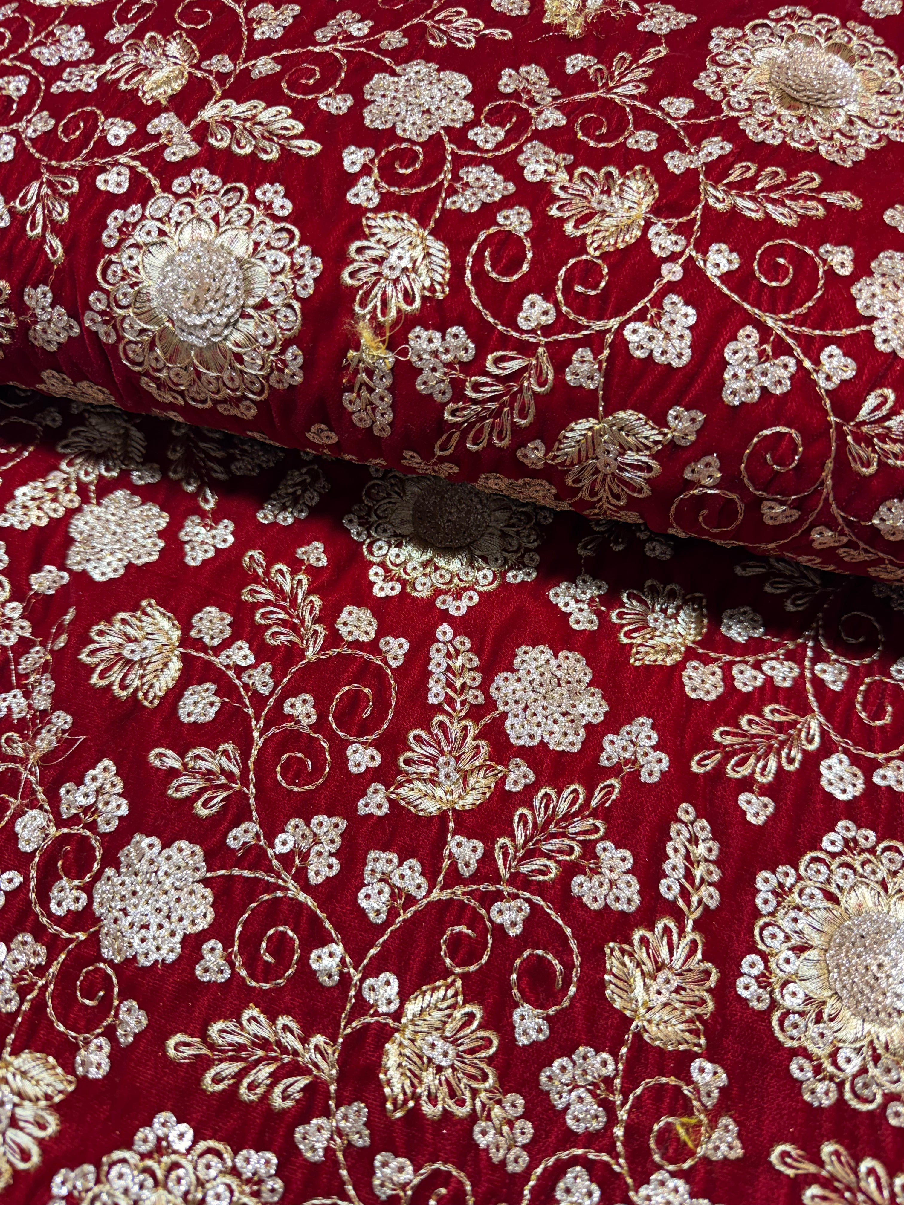 Luxury Burgundy Gold Embroidered Stretch Velvet Fabric M1400-55