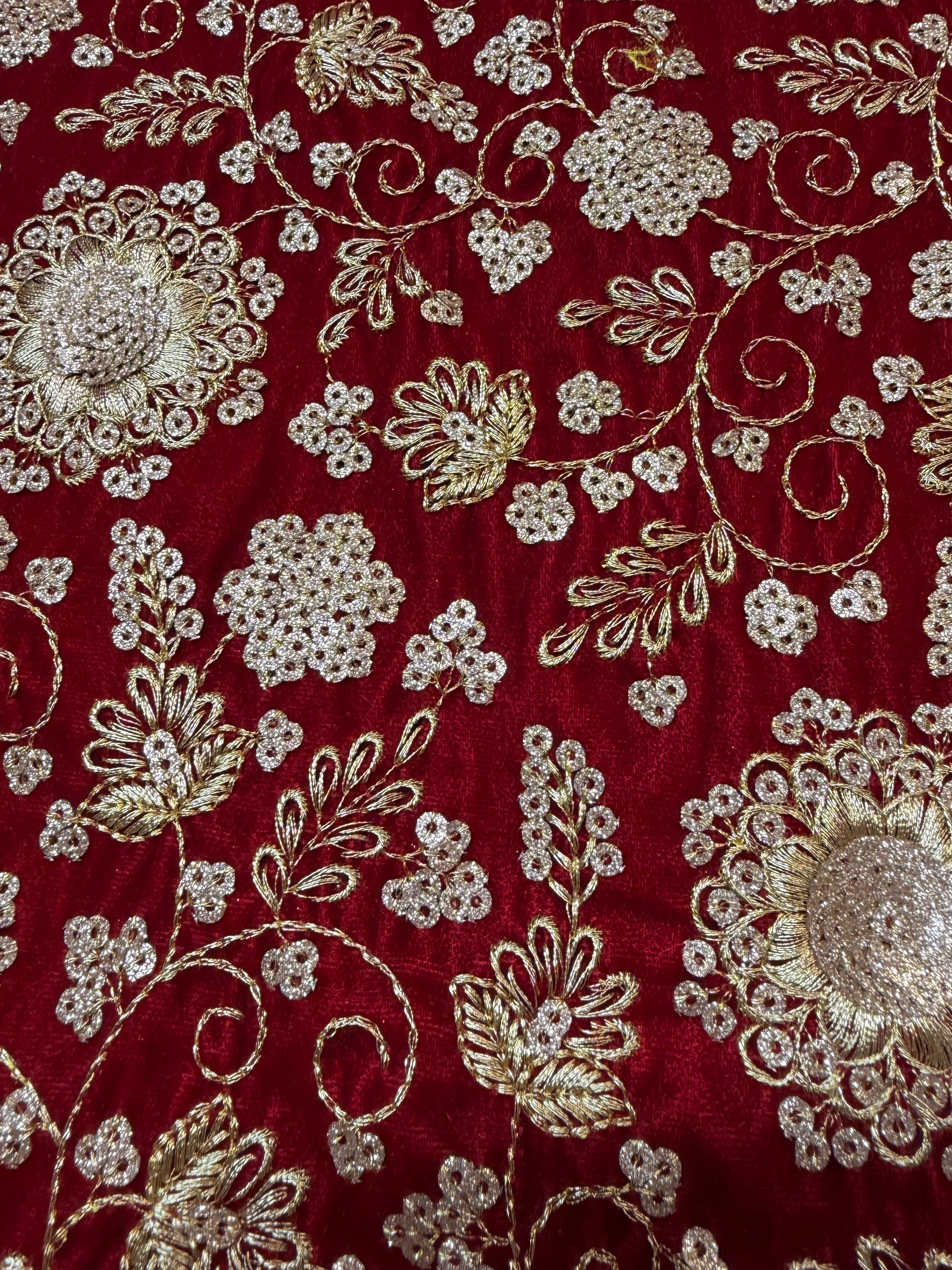Luxury Burgundy Gold Embroidered Stretch Velvet Fabric M1400-55