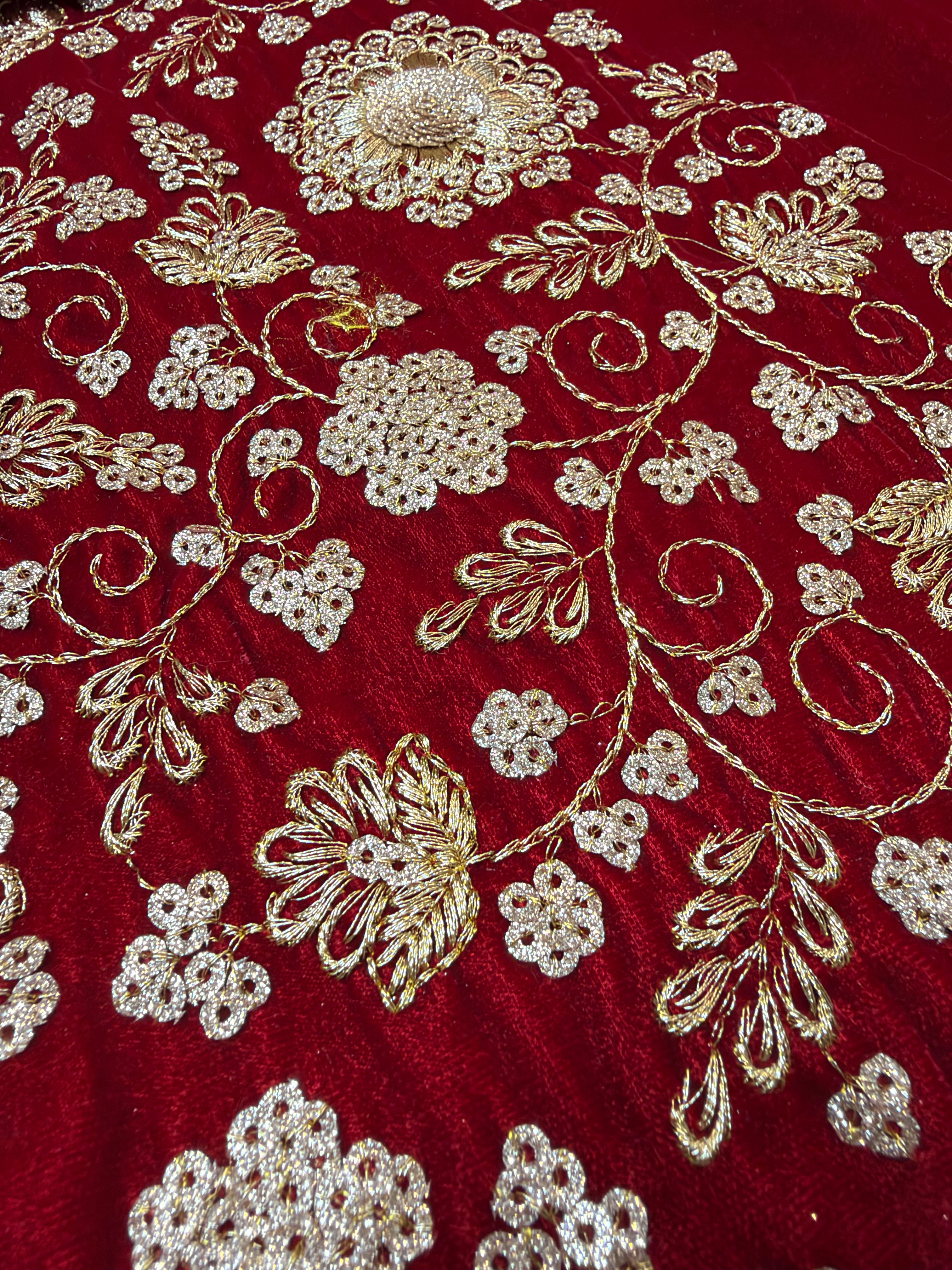 Luxury Burgundy Gold Embroidered Stretch Velvet Fabric M1400-55