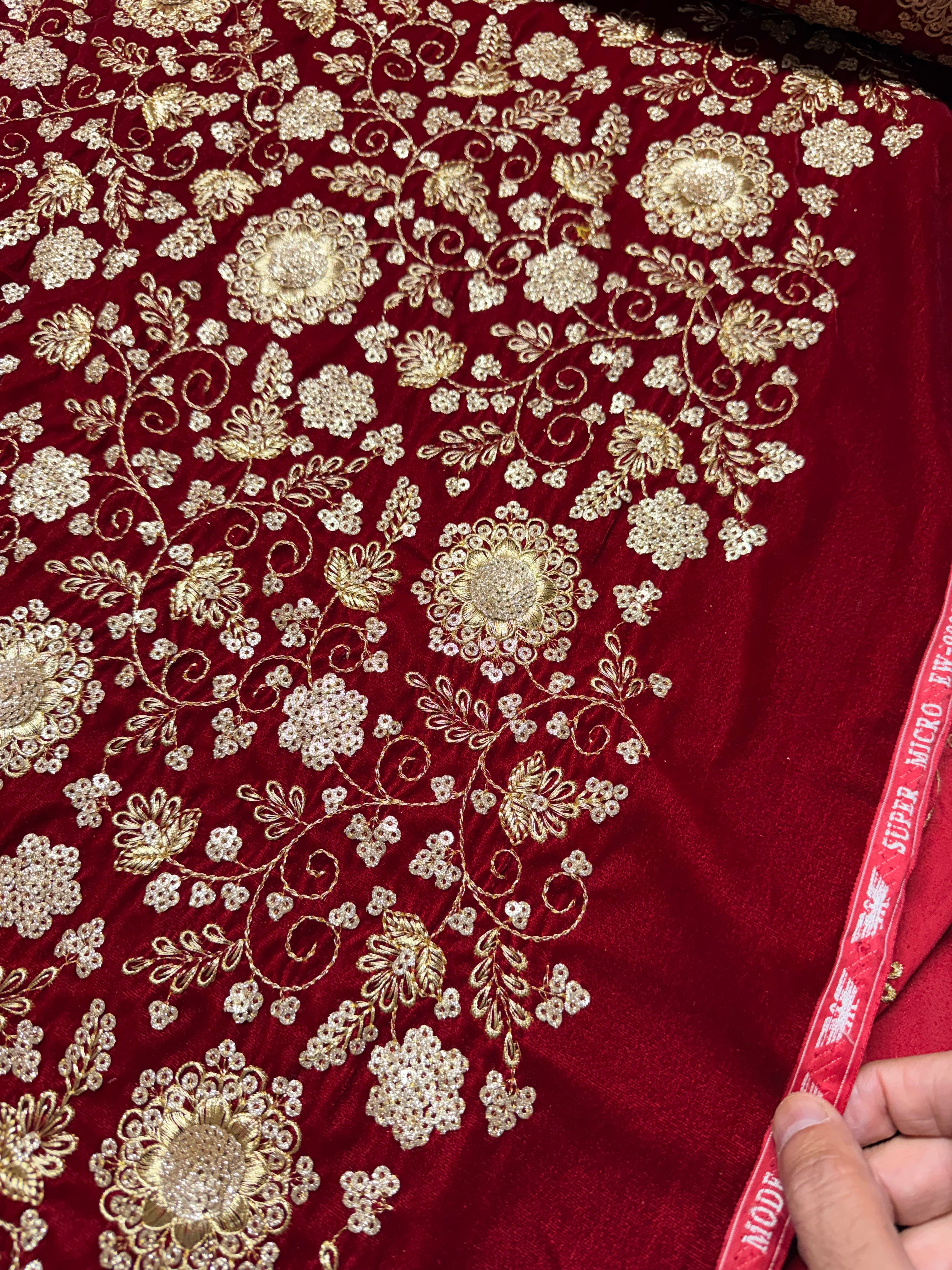 Luxury Burgundy Gold Embroidered Stretch Velvet Fabric M1400-55