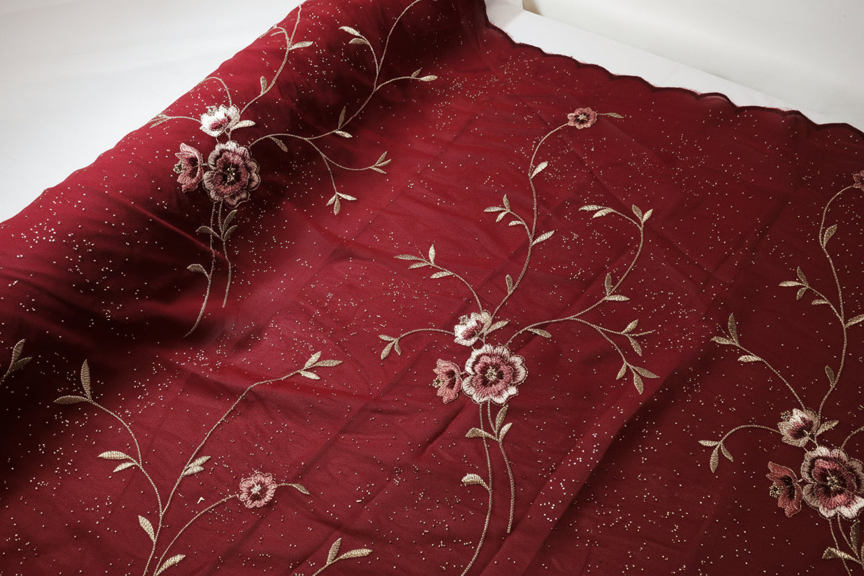 Floral Embroidery with Gold Thread & Metallic Dewdrop Georgette M320