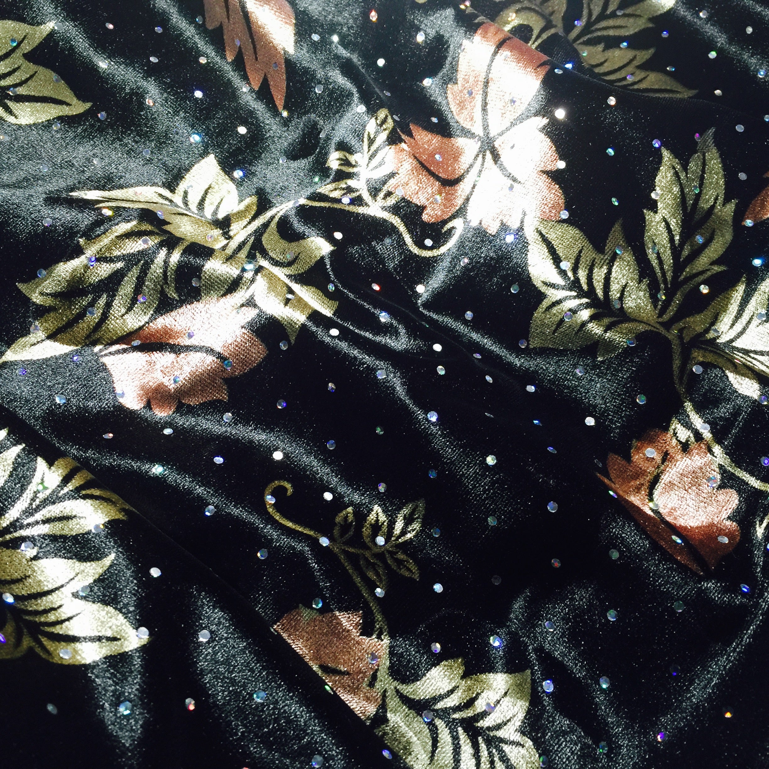 Velvet Black and Bronze Leaf Print with Silver Sequins M16-7