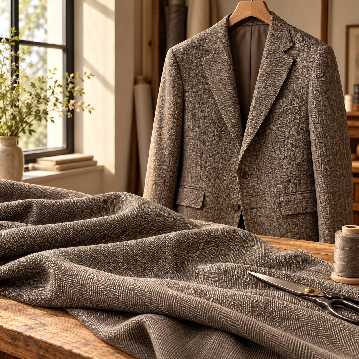 Heavy Brown Herringbone Stripe 100% Wool Worsted Fabric, Made in England, 150cm Wide M2151