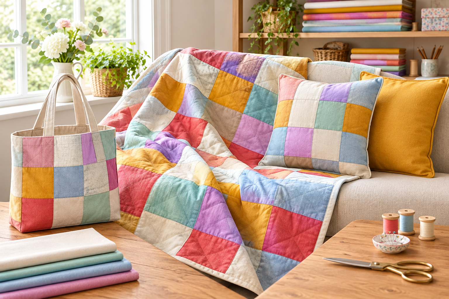 M609 cotton fabric lifestyle image showing quilting, cushions and a tote bag