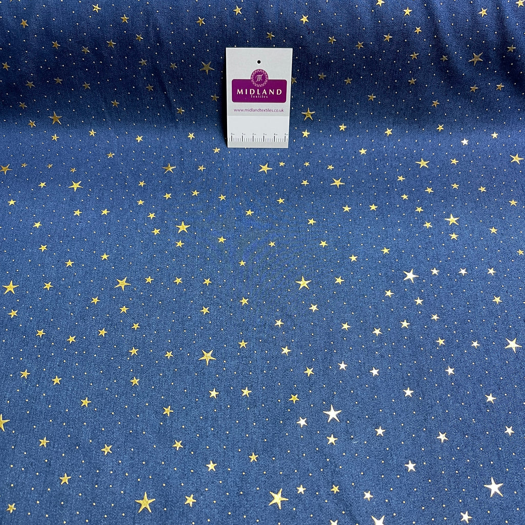 100% Cotton Gold Foil Star Printed Denim craft dress fabric M1513 Mtex