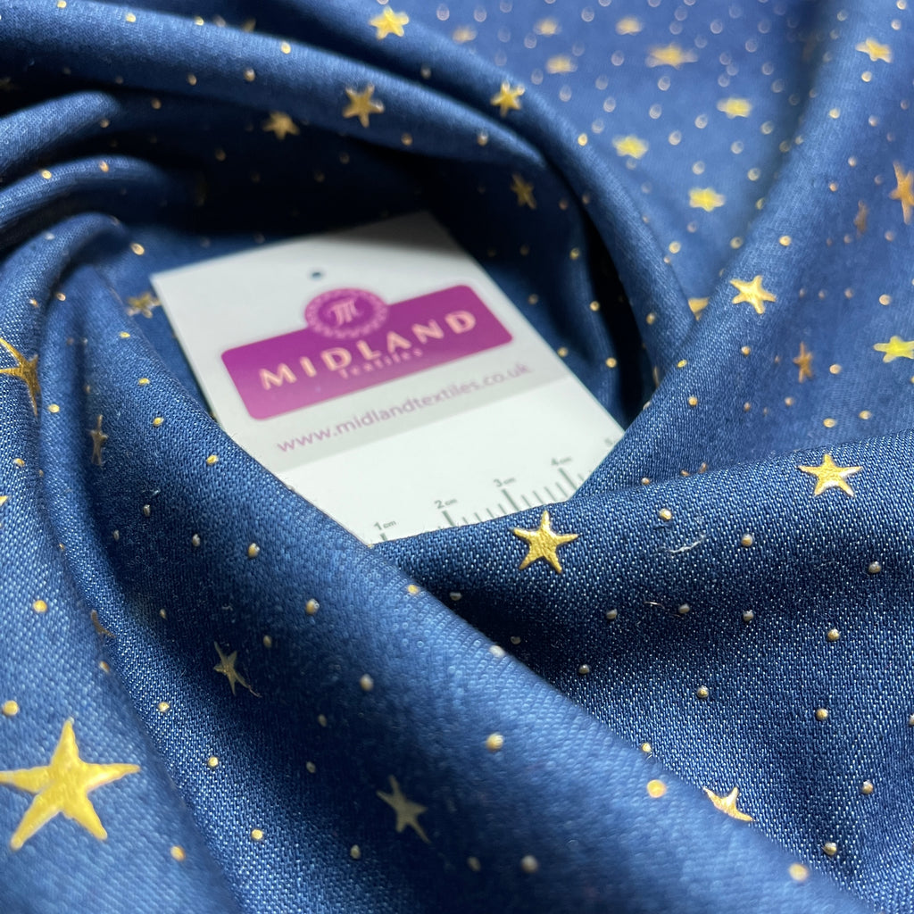 100% Cotton Gold Foil Star Printed Denim craft dress fabric M1513 Mtex