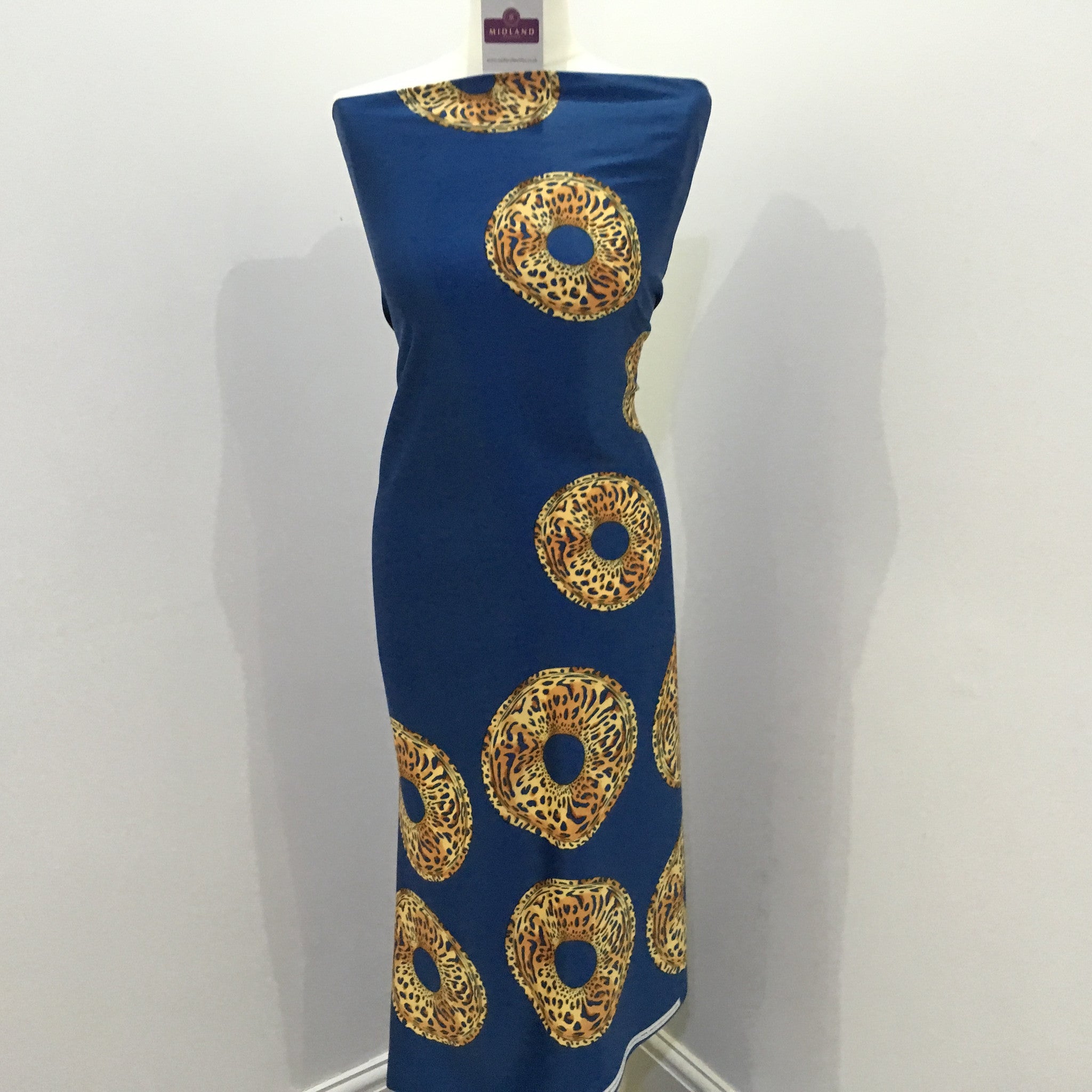 Royal Blue Satin Crepe animal Border print fabric 45' wide M657 Mtex - Midland Textiles & Fabric