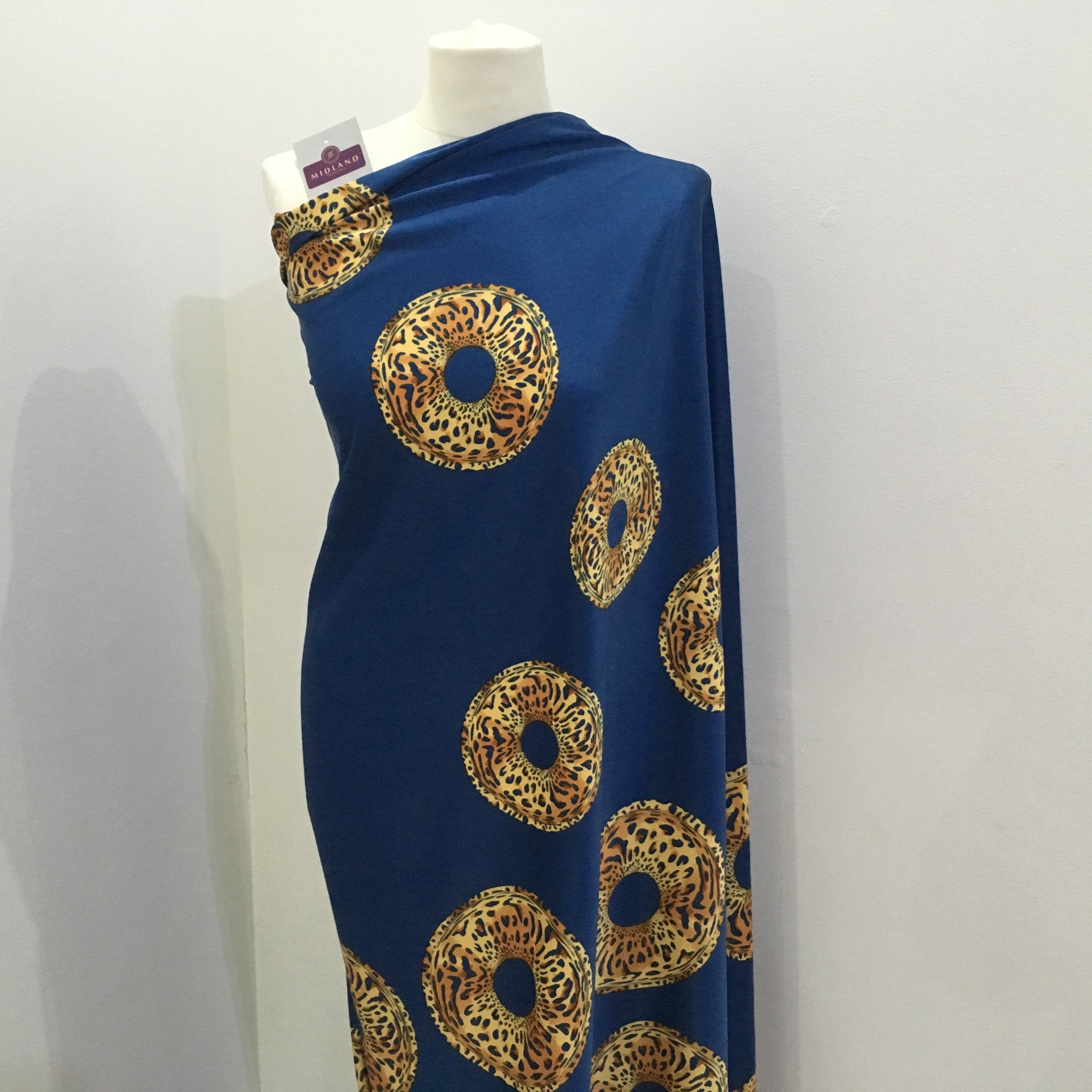 Royal Blue Satin Crepe animal Border print fabric 45' wide M657 Mtex - Midland Textiles & Fabric