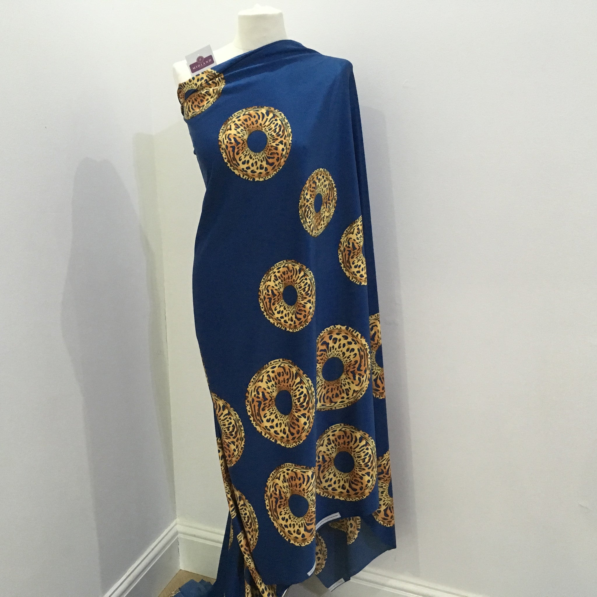 Royal Blue Satin Crepe animal Border print fabric 45' wide M657 Mtex - Midland Textiles & Fabric