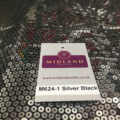 Silver Sew on sequins 5mm on black mesh net dress fabric 55" wide M624 Mtex - Midland Textiles & Fabric