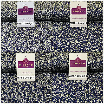 Navy And White Floral Paste Printed 100% Cotton Poplin Craft Fabric 45" M633 - Midland Textiles & Fabric