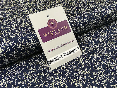 Navy And White Floral Paste Printed 100% Cotton Poplin Craft Fabric 45" M633 - Midland Textiles & Fabric