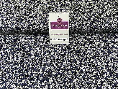 Navy And White Floral Paste Printed 100% Cotton Poplin Craft Fabric 45